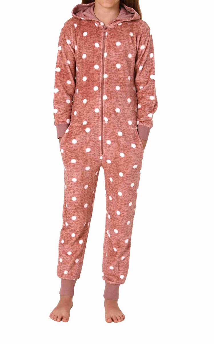 Normann Behaaglijke Meisjespyjama Jumpsuit Overall in koraalrode fleece met stippenlook