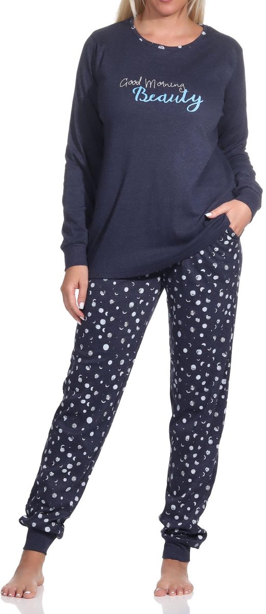 Normann Lange damespyjama met manchetten in knuffel interlock kwaliteit in polka-dot look marine