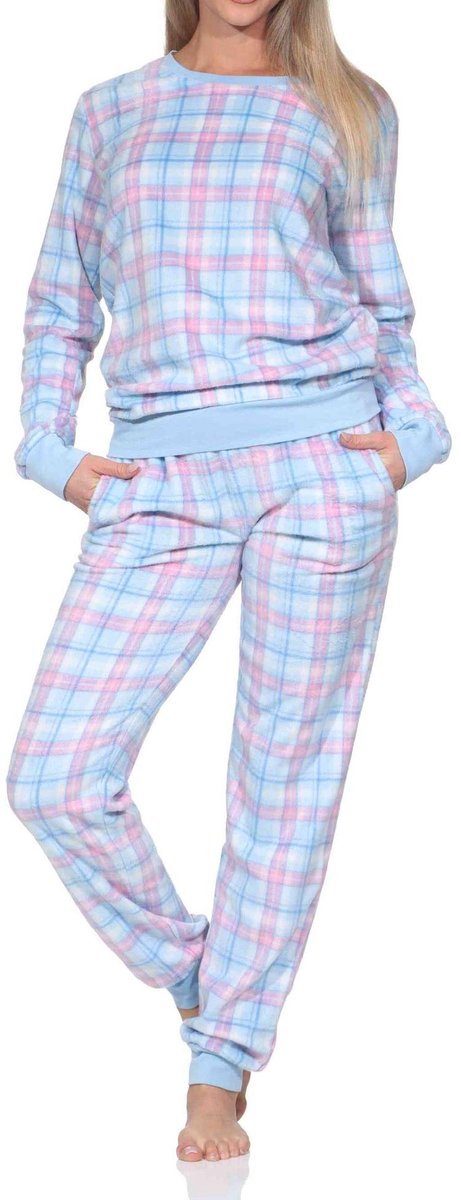Normann fleece damespyjama met lange mouwen en manchetten in coole look hellblau1