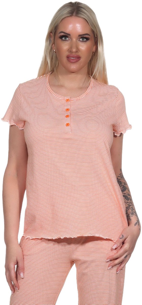 Normann Damespyjamashirt met korte mouwen mix & match in Stripe Optiek oranje
