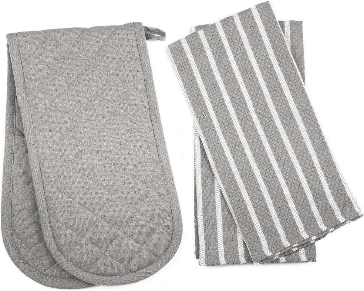 Ovensporthandschoen en Keukentextiel Set - 3 Delig Katoen Grijs
