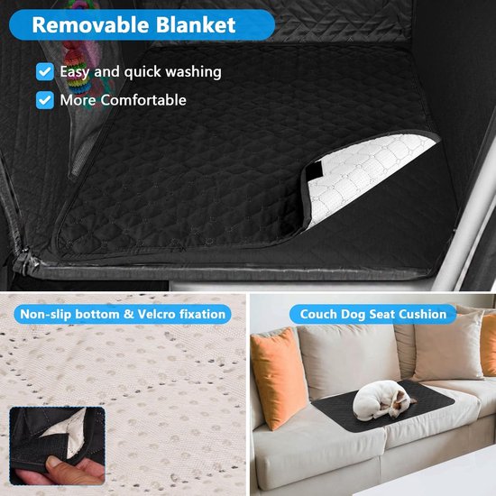 Zwarte autostoelhoes met verwijderbaar, wasbaar en comfortabel deken. Non-slip onderkant & klittenband bevestiging. Honden kussen voor op de bank.