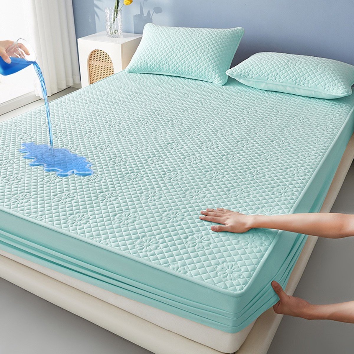 Matrashoes + 2 kussenslopen, TPU-laag voor waterdicht en ademend gebruik, geschikt voor matrassen tot 28 cm dik,Bloem - Groen,180*200cm+kussensloop 48*74cm