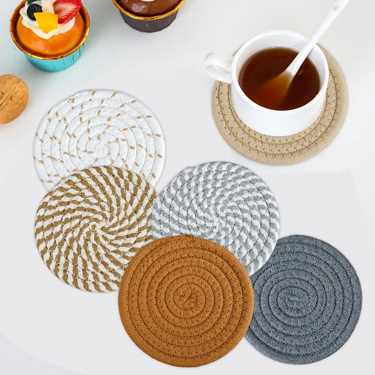 Set van 8 Ronde Vaste Onderzetters met Houder - Absorberend en Hittebestendig