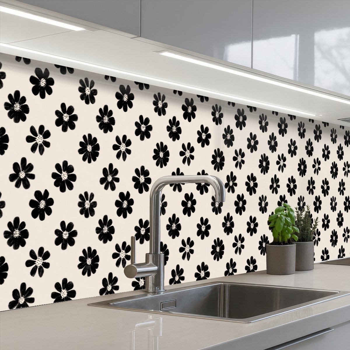 Keuken achterwand 300x60 cm - Spatscherm zelfklevend Grafisch - Madeliefjes - Zwart - Beige - Muurbeschermer - Spatwand fornuis