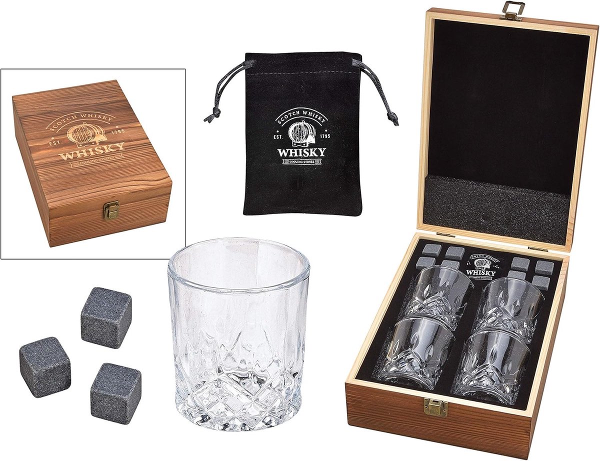 Whisky Stenen Set met Glazen en Houten Geschenkdoos