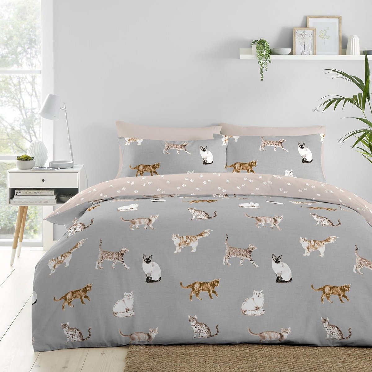 Dekbedovertrek Kattenprint - Tweepersoons Grijs en Roze - Omkeerbaar