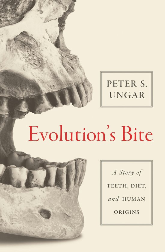 Couverture du livre 'Evolution's Bite' avec un gros plan sur un crâne avec des dents.