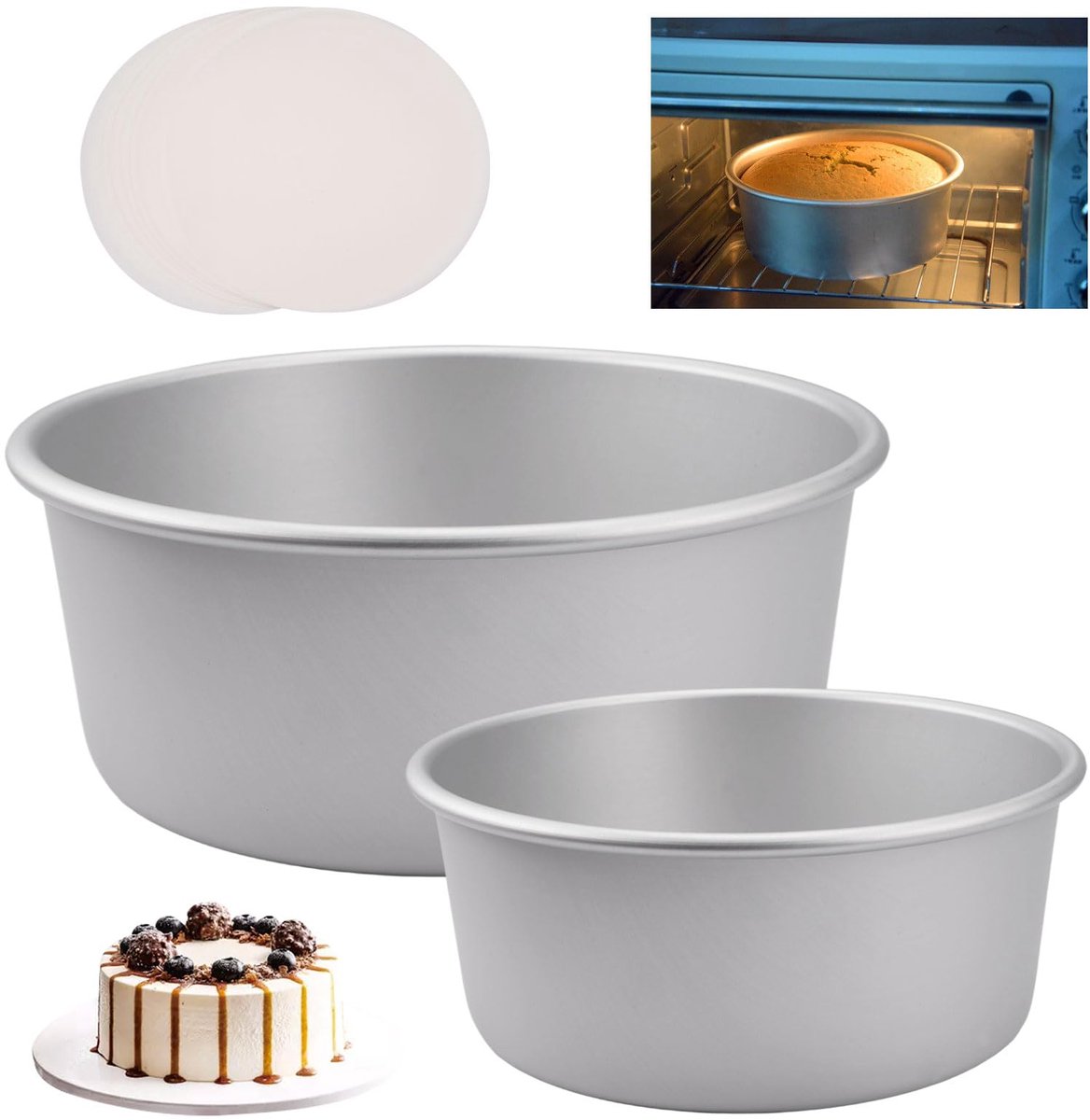 Kuchenform Set - Eloxit Aluminium - 5" en 7" inclusief 50 Bladen Backpapier