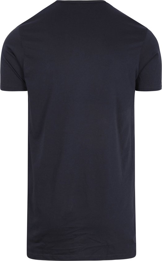 Achterkant van een donkerblauw Slater V-hals T-shirt.