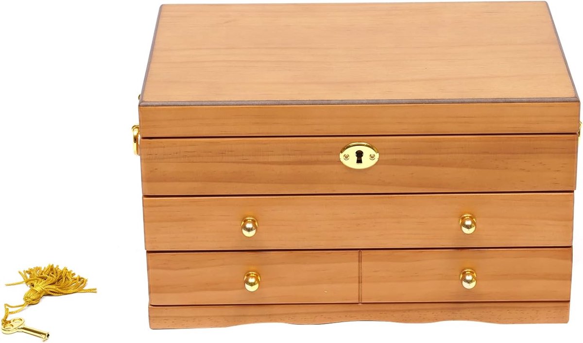 Luxe Houten Sieradendoos met 3 Niveaus en Slot - Sieradenkoffer voor Dames en Meisjes