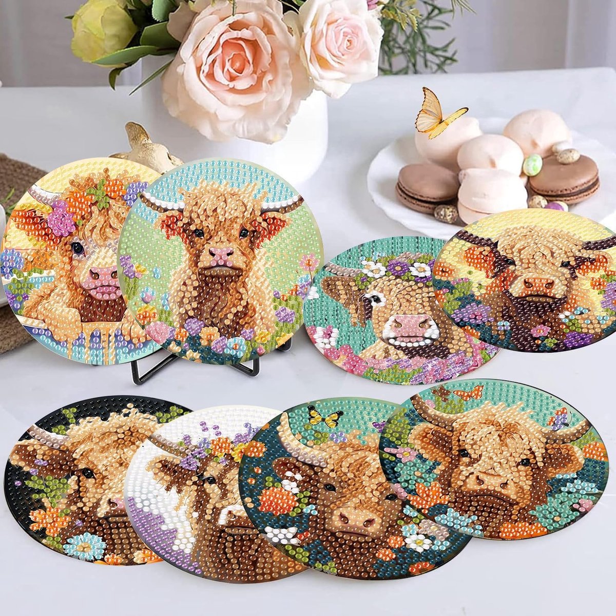 8-delige Set Diamond Painting Onderzetters met Koeprint en Houder