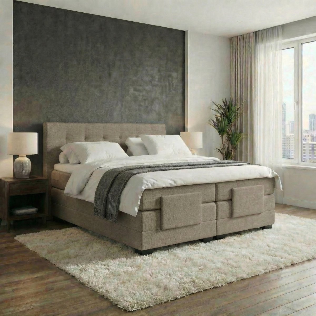 Mörgenn Elektrische Boxspring LUXA - Luxe Splittopper - Pocketvering - Taupe - 160x200 cm - Inclusief Montage + Dekbed en Kussens