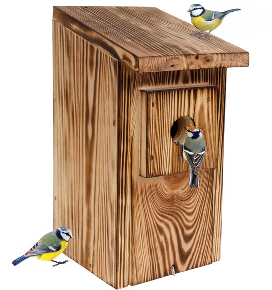 Creative Home nestkast voor vogels voor buiten Weerbestendig | Gevlamd | Vogelnestkast van grenenhout | Bescherming tegen nestrovers | Vogelhuisje voor mezen, mussen, matkopjes, spreeuwen