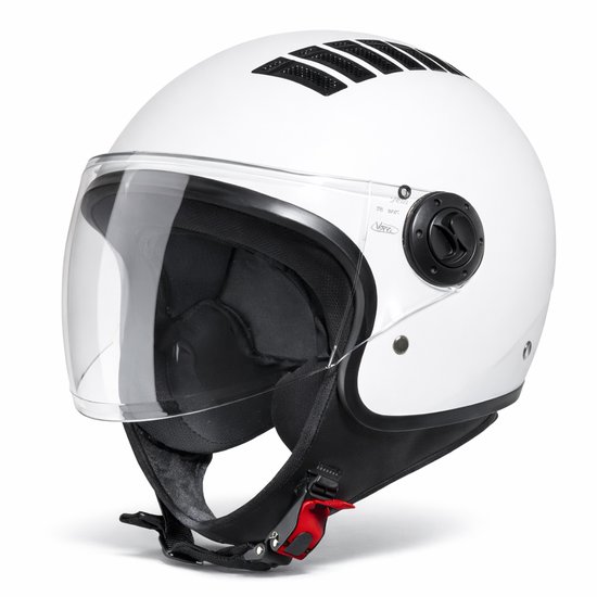 Casque jet Vinz blanc avec visière transparente, aérateur sur le dessus et jugulaire.