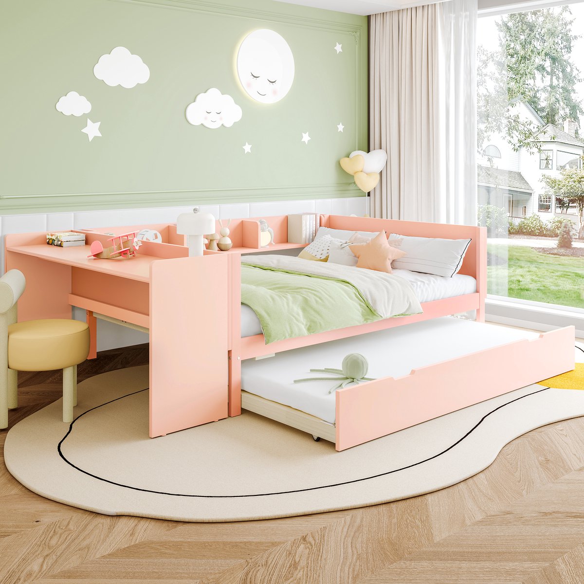 Ledikant - 140x200 cm - Met Bureau en Uitschuifbed - Met Opbergrekken - Grenen en Spaanplaat - Roze