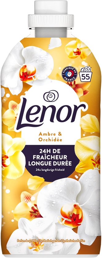 Bouteille de Lenor Ambre & Orchidée avec des orchidées blanches et jaunes. "24H DE FRAÎCHEUR LONGUE DURÉE"