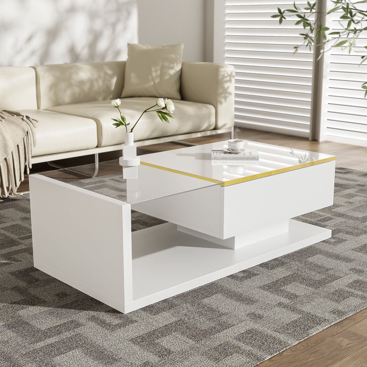 STILVORA Salontafel - Hoogglans Met Ledverlichting En Glazen Blad - Moderne Woonkamer - Spaanplaat - Wit - 100x50x32,5 Cm