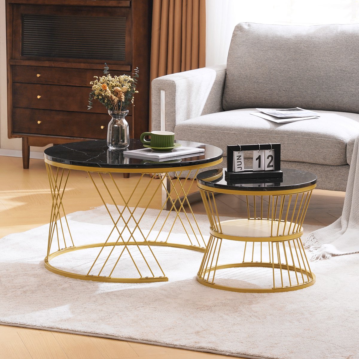 REDOM Salontafel set van 2 70x70x47 cm & 45x45x40 cm, MDF met marmoreffect en metalen frame Zwart PU