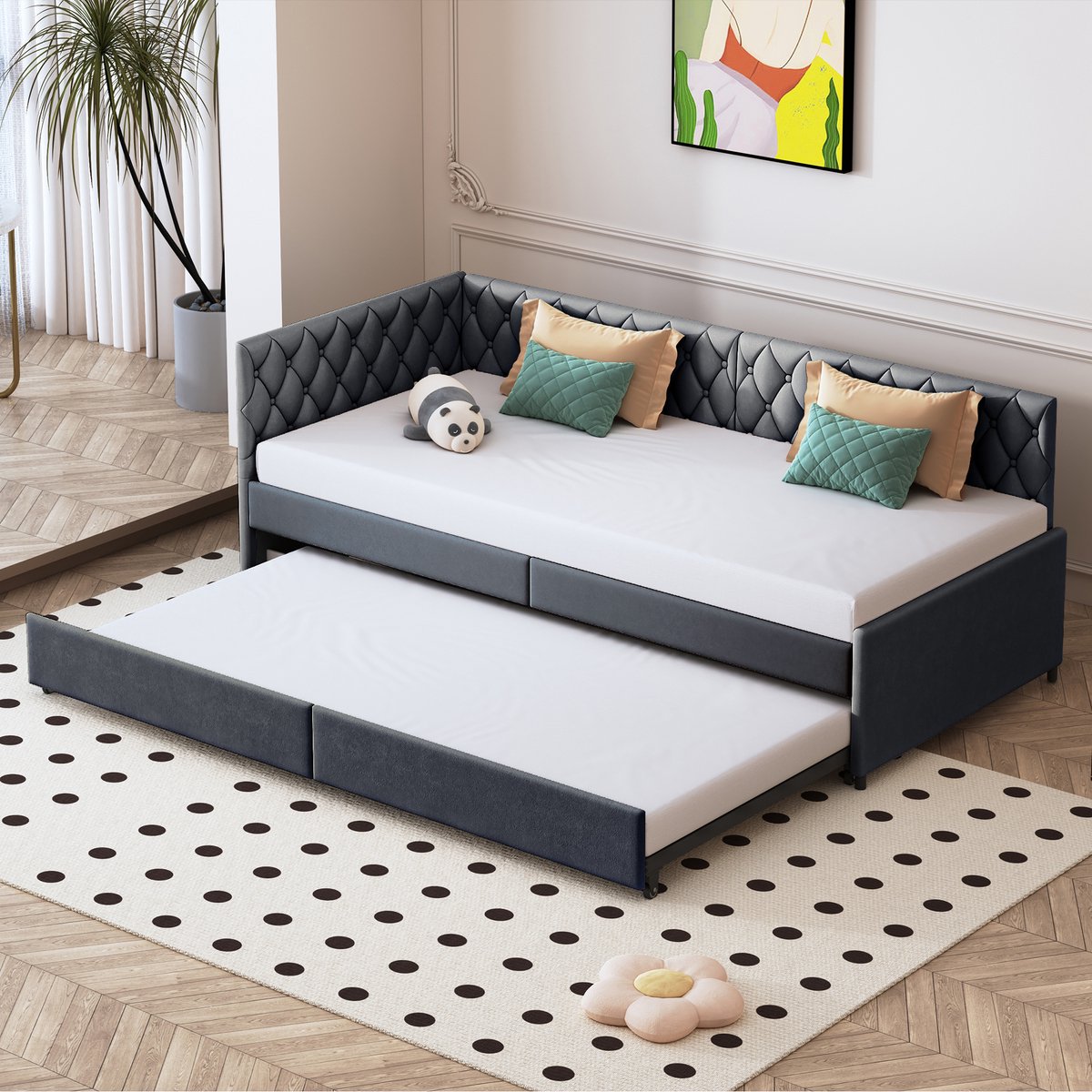Grijs Velours Daybed 90x200 met Diamond Stiksel – Slaapbank met Lade en Lattenbodem, Moderne Guestbed / Sofa Bed