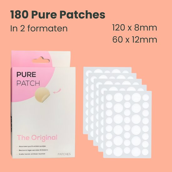 Pak met 180 Pure Patches, 120 van 8mm en 60 van 12mm, in originele verpakking met applicatievellen.