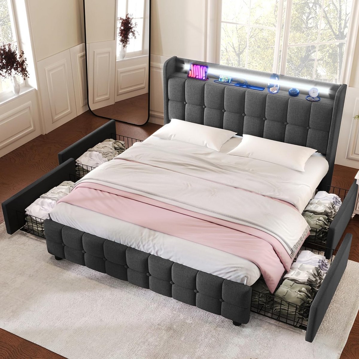 Tweepersoons Boxspring Bed 180x200 cm met Hoofdbord en 4 Opberglades - Grijze Stoffen Bekl