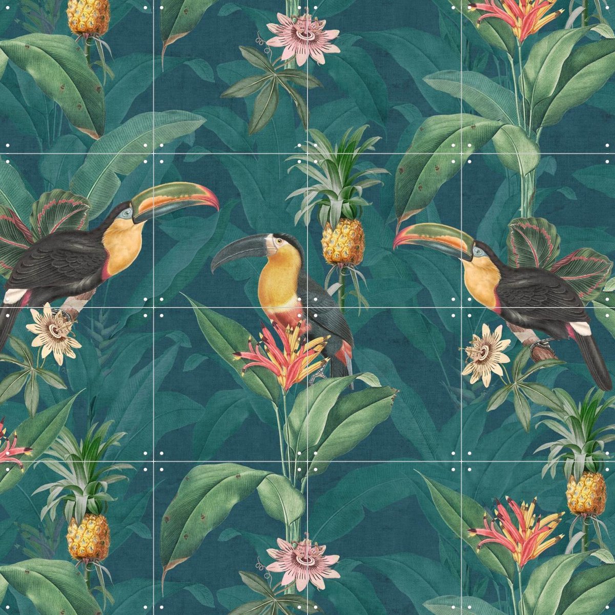 IXXI Tropical vintage toucan and pineapples, Bloomery Decor - 80 x 80 cm - Gratis ophangtool - Grote wanddecoratie en posters