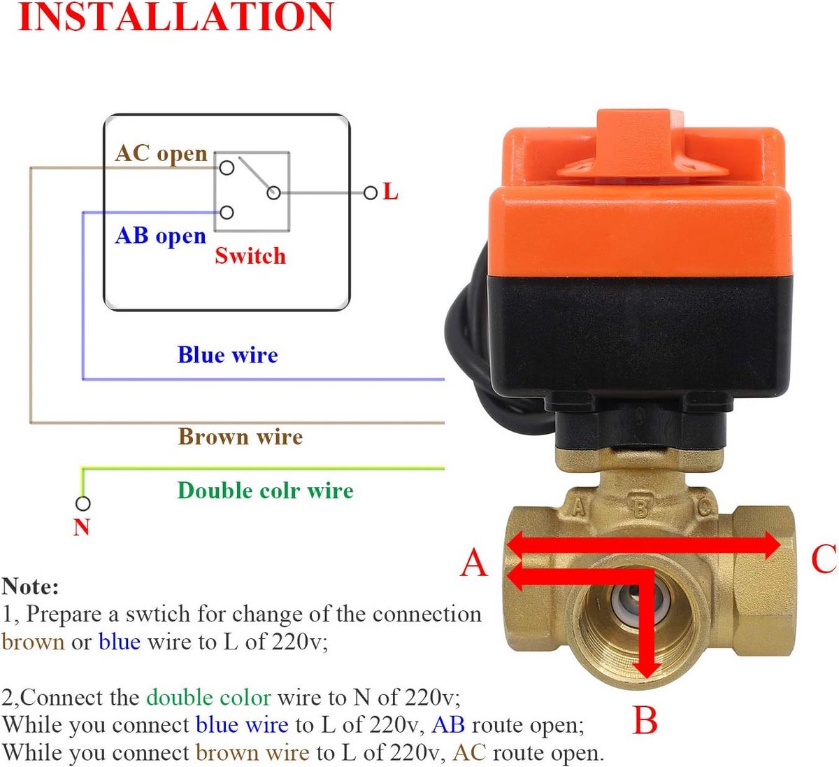 Gemotoriseerde 3-weg Kogelkraan met Actuator (AC 220V) - Diverse Maten