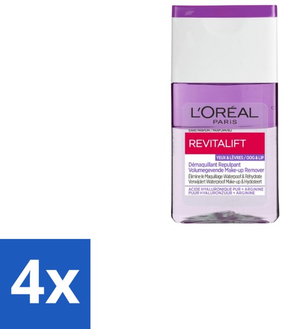 4 x L'Oréal Revitalift Volumegevende Make-up Remover 125 ml - Make-up Verwijderen Ogen - Make-up Verwijderen Lippen - Make-up Verwijderen Waterproof - Make-up Verwijderen Gevoelige Huid - Hyaluronzuur Make-up Remover