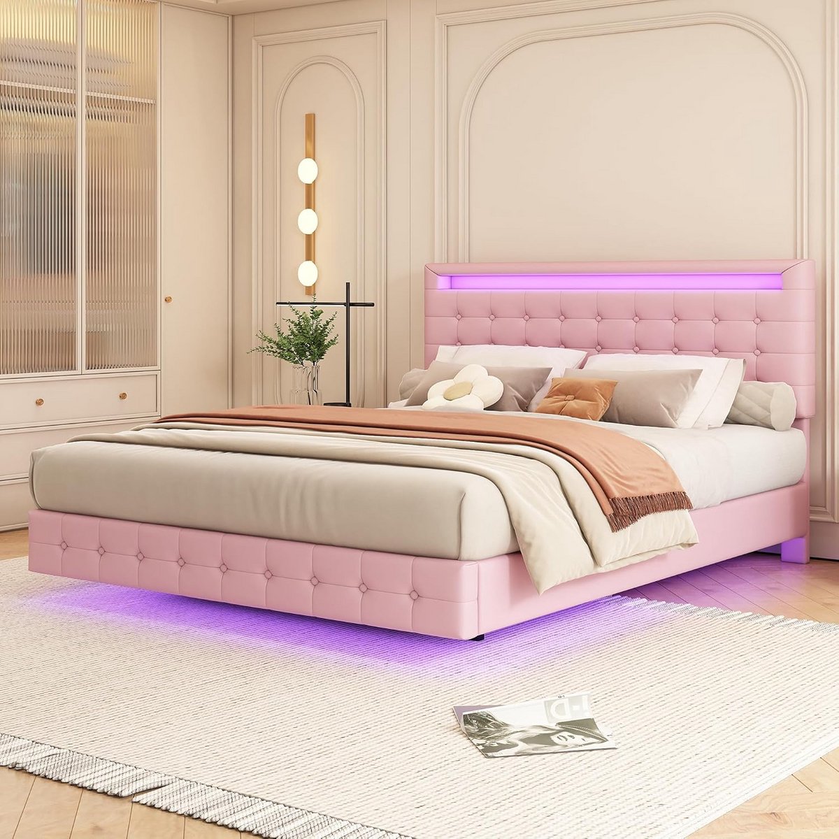 Tweepersoonsbed 140x200 met Verstelbaar Hoofdeinde en LED Verlichting - PU Roze