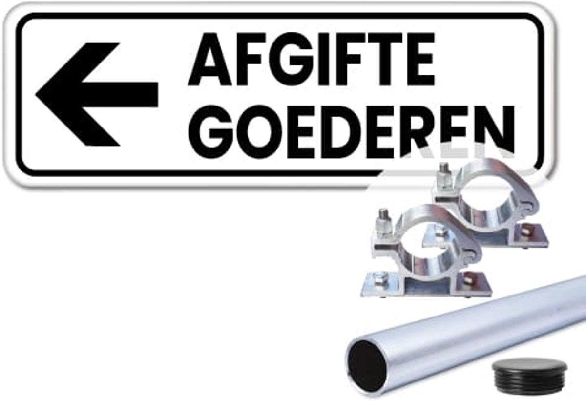Bord afgifte goederen pijl links - Weerbestendig Aluminium - 40x15 cm - Bevestiging: Met paal 150 cm + paalbeugels + paaldop