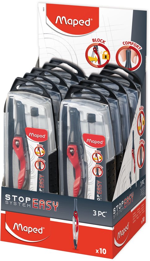 Display met 10 Maped Stop System Easy sets. Elke set bevat een passer met rode en zilveren accenten.