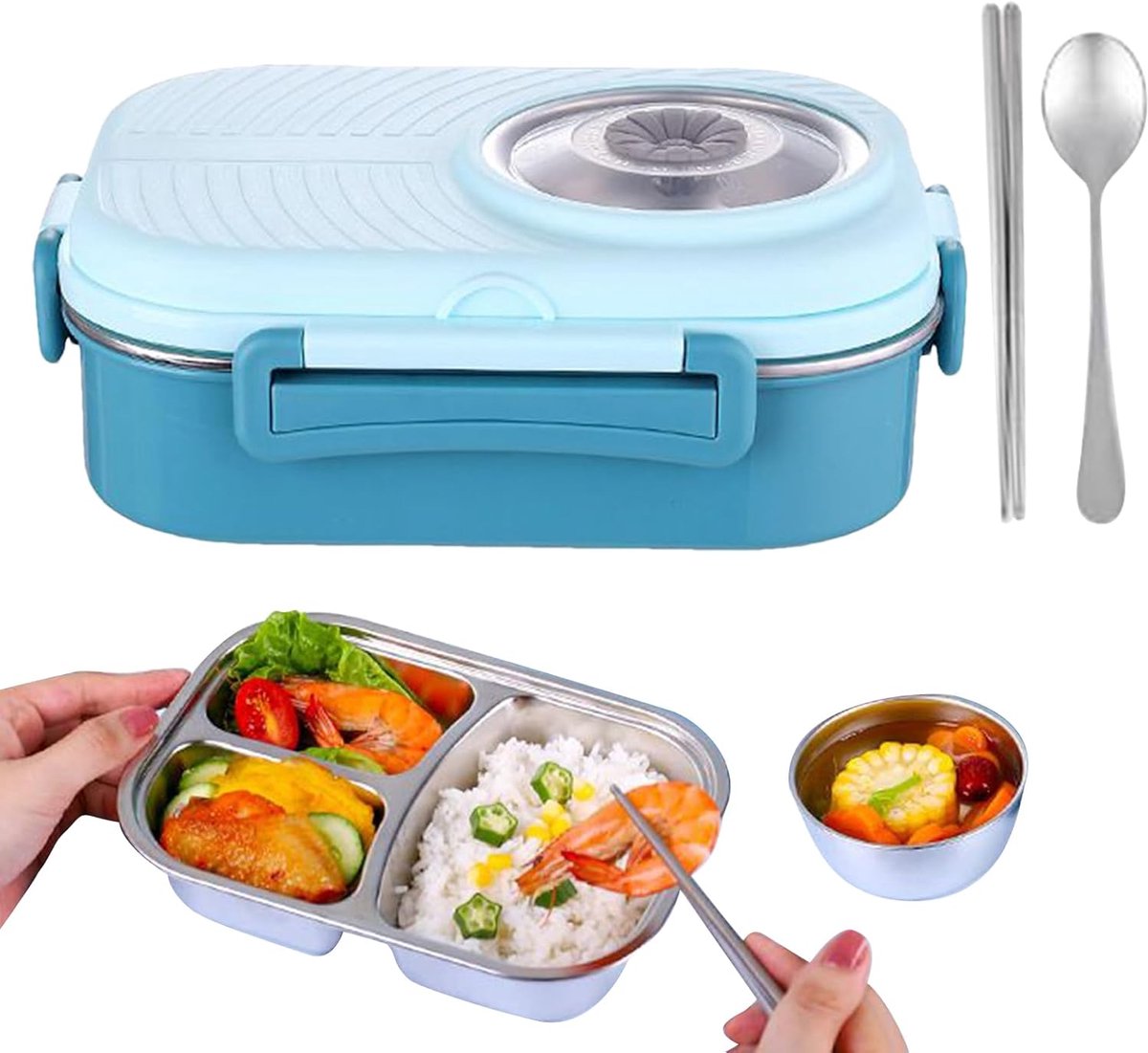 Lunchbox RVS - Voedselcontainer - Maaltijden Meenemen - 3 Compartimenten - 23x16.5x8cm