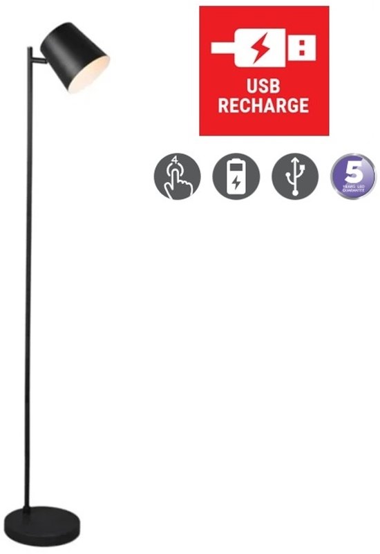 REALITY BLAKE - Staande lamp - Zwart mat - incl. 1x SMD 4,5 W - 4-stappen TOUCH - Oplaadbaar (USB-Port) - Werking op batterij