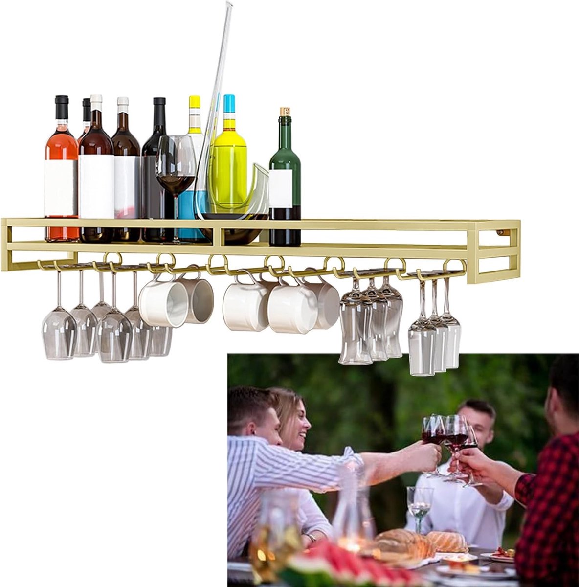 Metalen Wijnglazenrek - Fleshouder Bar - Thuis Bar - Eenvoudig te Installeren - 9 Rijen - Wit