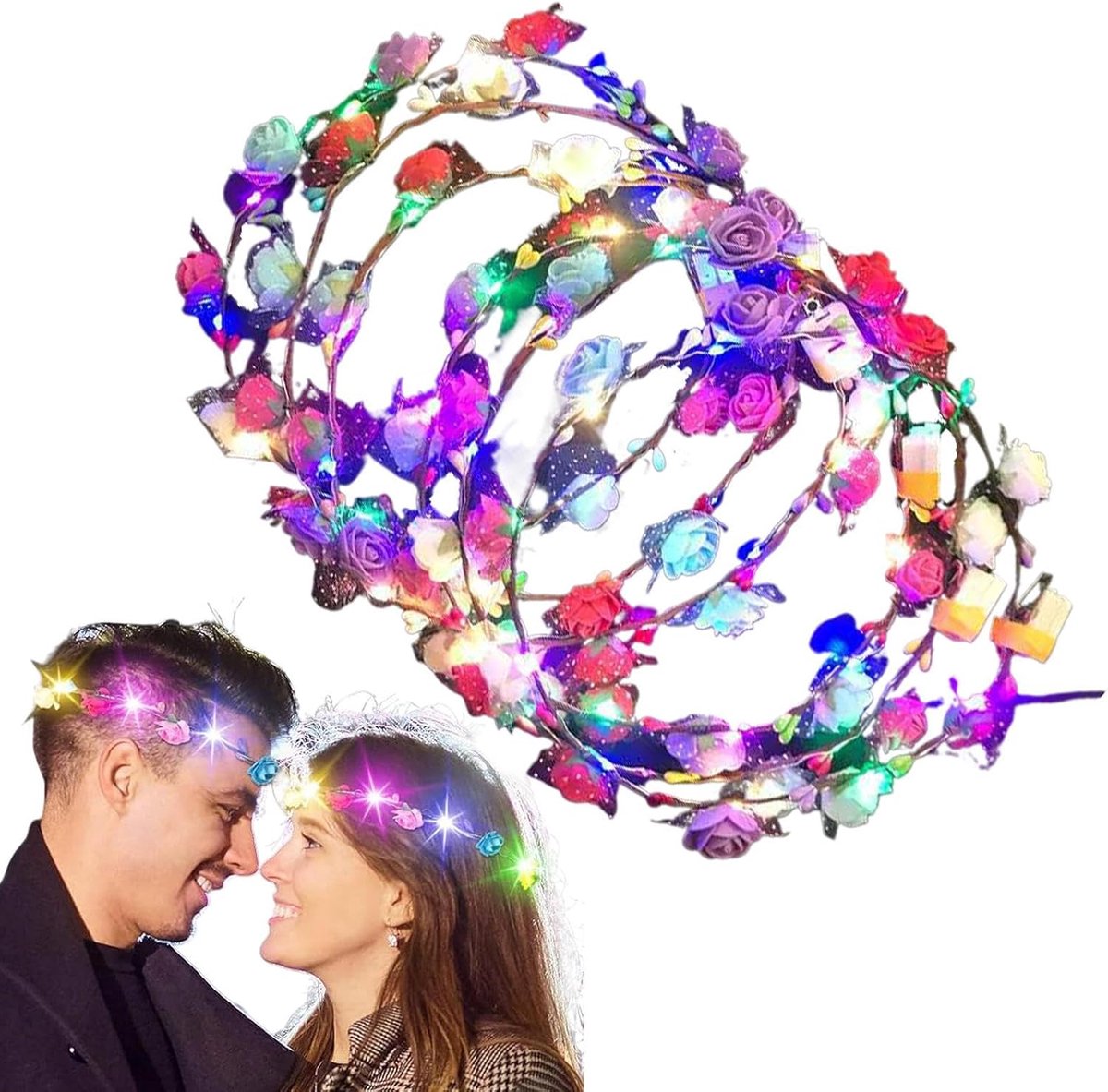 Bloemenkrans met LED - Verlichte haarband - Feestelijk kapsel - Set van 10 stuks - 21 x 21 cm