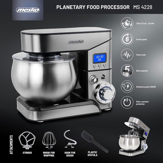 Keukenmachine - Kneedmachine Mixer - Bakken Thuis - Planetaire Beweging Timer - 5 Liter Capaciteit - Roestvrij Staal — afbeelding 5