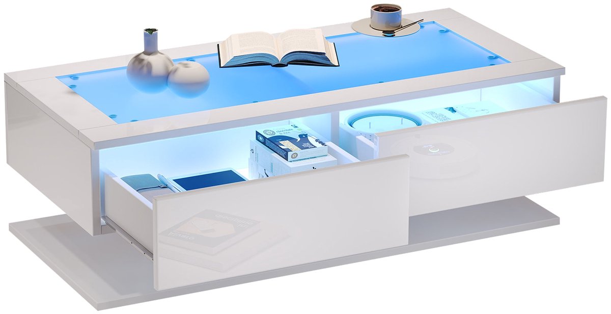 Merax Salontafel met LED en Glasplaat 100x50x35 cm – Hoogglans Witte Koffietafel met 2 Lades en Opbergruimte – Moderne Woonkamertafel