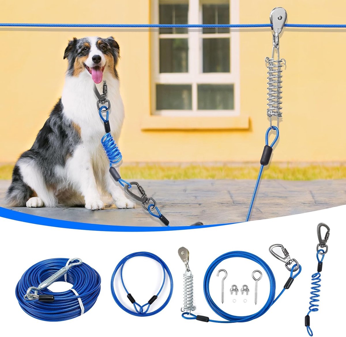 Hondentuig Trolley - Tokkelbaan Systeem - Buiten Training - Dubbele Schokabsorptie - 100FT Kabel 250LBS - Blauw