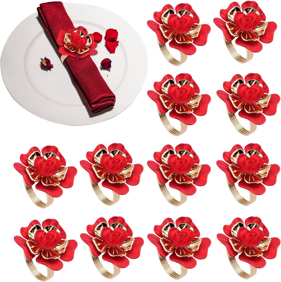 Servetringen Set - Bloem Buckles - Tafel Decoratie - Handgemaakte Rozen - 6x6 cm - Rood