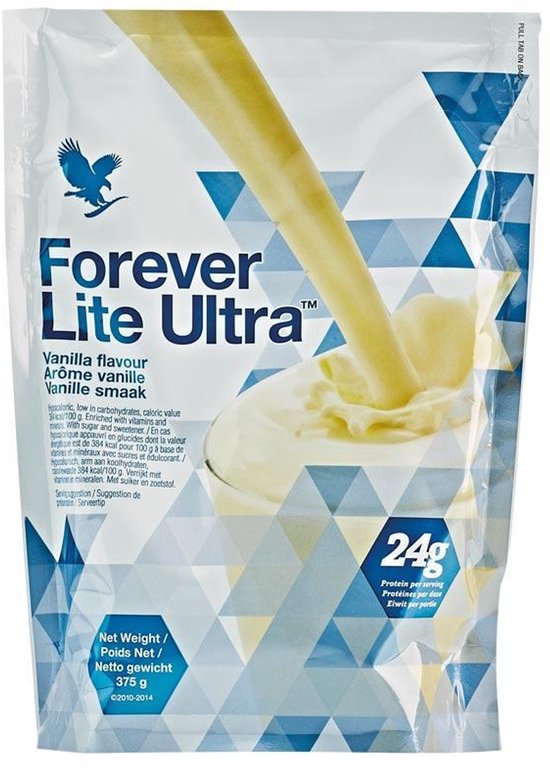 Verpakking voor Forever Lite Ultra vanillesmaak, met 24g eiwit per portie.