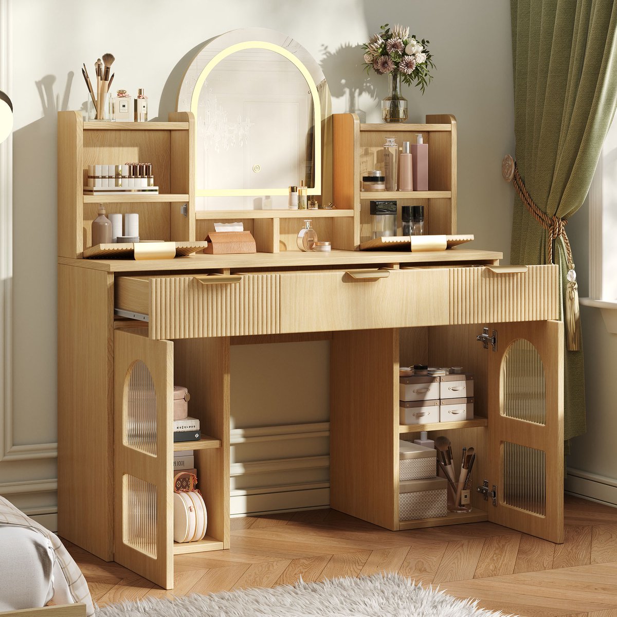HAUSS SPOLE Kaptafel - Met Ledspiegel En 3 Laden - 2 Glazen Kasten Voor Slaapkamer - Houtlook Naturel - 120x40x139,5 Cm Natuurlijk