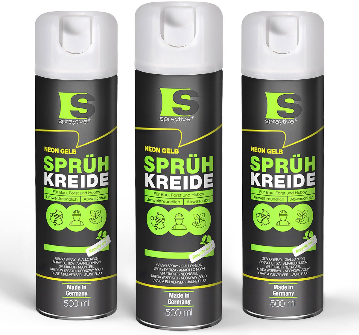 Spraytive 3x 500ml spuitkrijt neon geel markeerspray afwasbaar krijtspray voor tijdelijk markeren op asfalt gras en beton hoge dekking