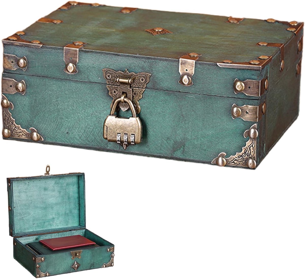 Houten Schatkist - Opbergkist Decoratie - Veilig Opbergen - Met Cijferslot - 24 x 17 x 10 cm - Groen