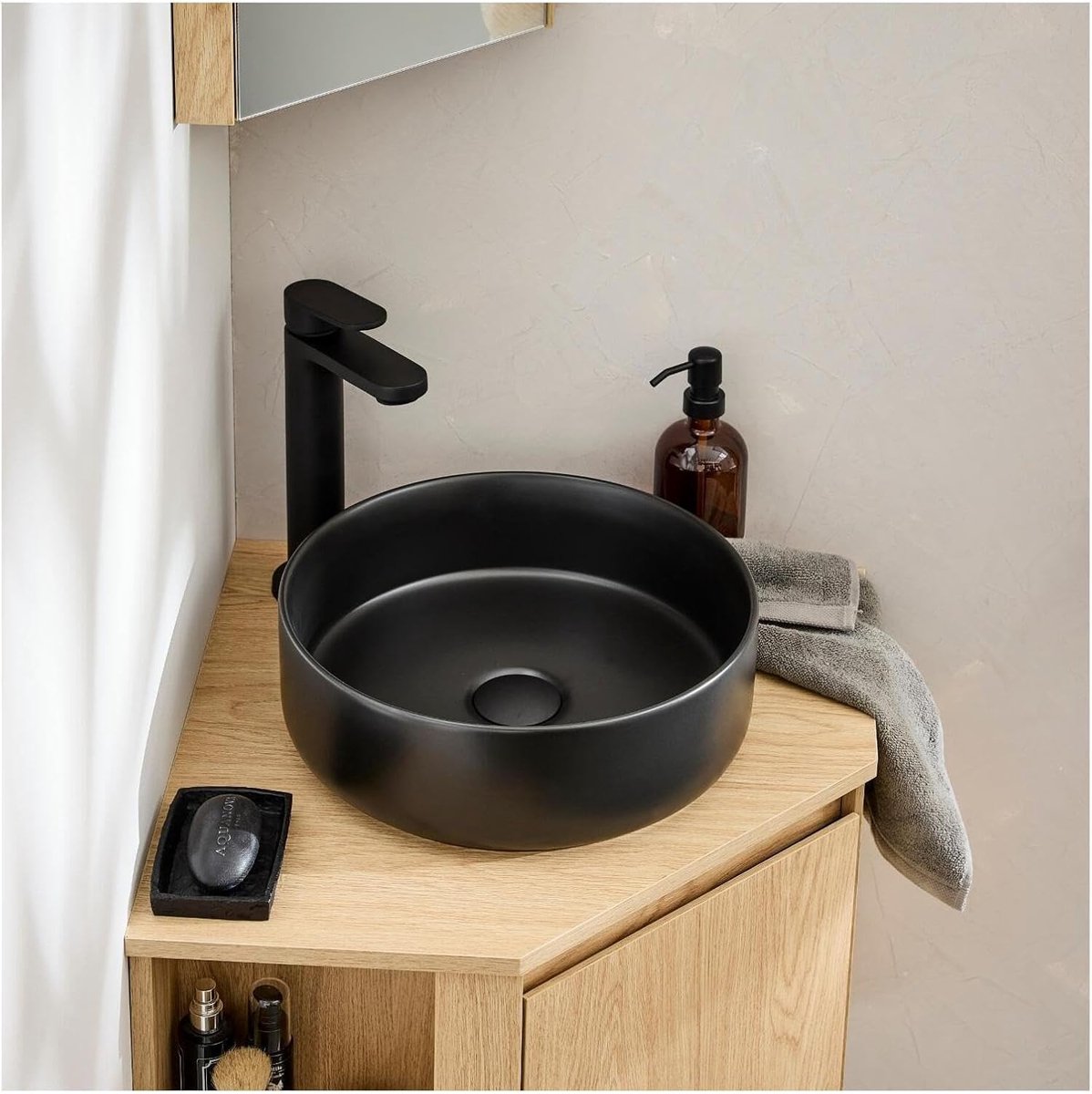 Ronde Wastafel - Waskom Keramiek - Badkamer Inrichting - Bovenop Plaatsbaar - 37 cm Diameter - Zwart