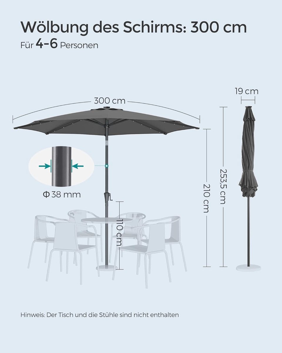 Parasol 300 cm met LED Solar Verlichting – Bellavero Luxe Tuinparasol UPF 50+ UV-Bescherming – Kantelbaar 30° – Aluminium Frame – Waterafstotend – Voor Tuin, Terras, Balkon – Grijs – Afmetingen op ...