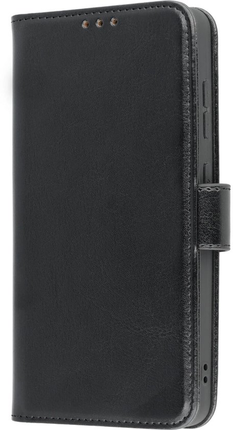Zijkant van een gesloten zwarte portemonnee telefoonhoes met zichtbare knoppen.
