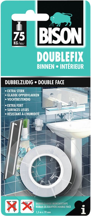 Bison Doublefix Extra Sterke Montagetape - voor binnen - Dubbelzijdige plakband, extra krachtig, alternatief schroeven & boren, beschadigd oppervlak niet