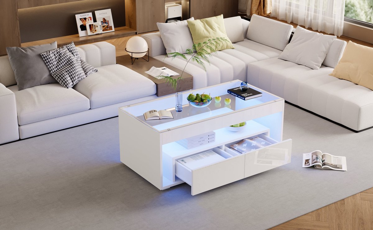 Merax Salontafel met LED en Glasplaat 100x50x40 cm – Hoogglans Witte Koffietafel met Opbergruimte en 2 Lades – Moderne Woonkamertafel met Verlichting