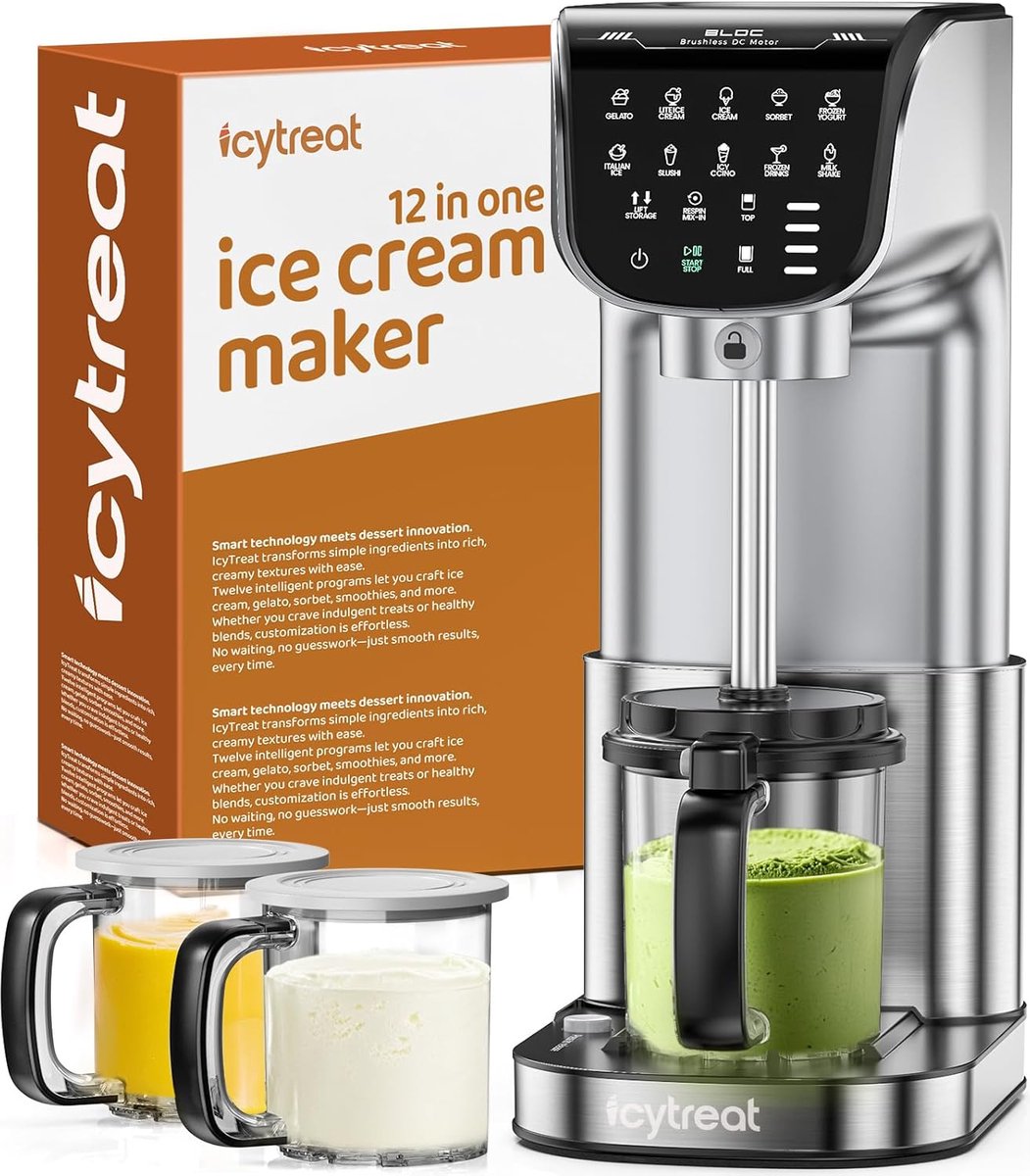 12-In-1 Volautomatische Ijsmachine Voor Zelfgemaakt Ijs - Lektrische Ijsmachine - Rvs - Inclusief 3 Grote Tritan-Ijsbakken Voor Het Hele Gezin - Het Kan Gebruikt Worden Om Sorbet, Milkshakes En Bevroren Yoghurt Te Maken